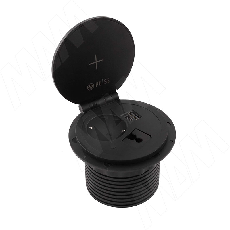 FLIP R блок розеток с откидной крышкой,  d=105 мм, 1 розетка, 1 USB, 1 USB Type-C,  быстрая зарядка, беспроводная зарядка, черный