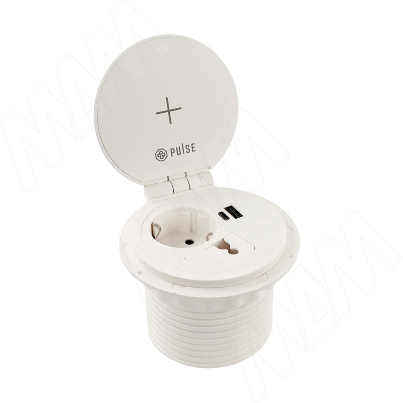 FLIP R блок розеток с откидной крышкой,  d=105 мм, 1 розетка, 1 USB, 1 USB Type-C,  быстрая зарядка, беспроводная зарядка, белый