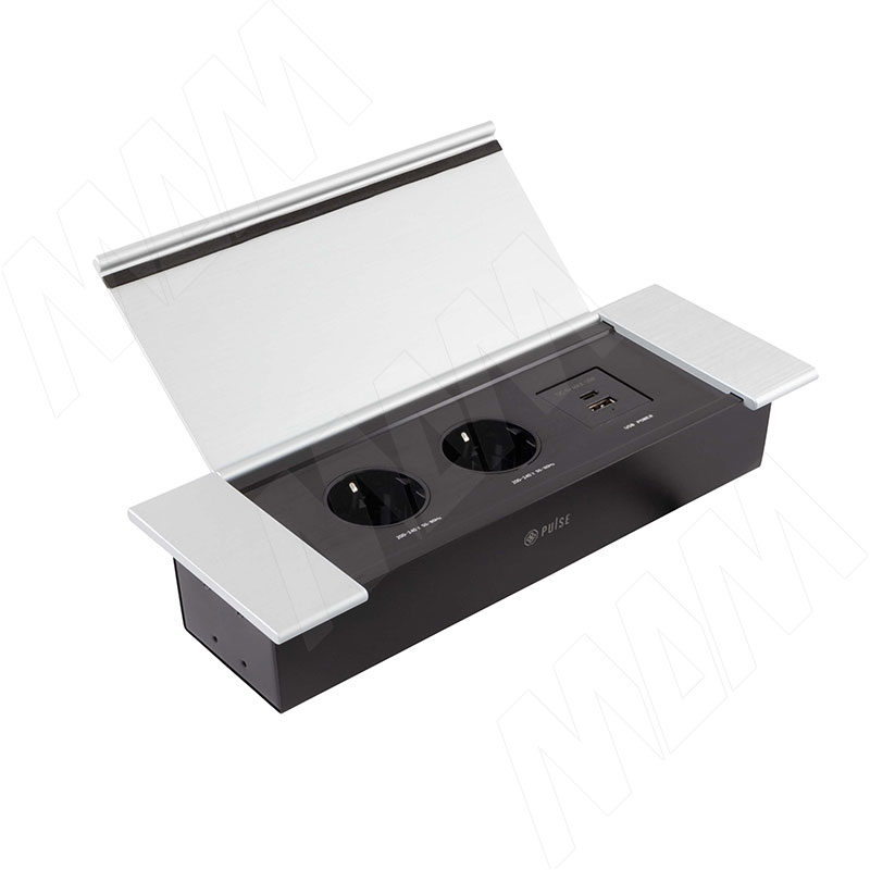 FLIP S блок розеток с откидной крышкой, 285*103 мм, 2 розетки, 1 USB, 1 USB Type-C, быстрая зарядка, серебро