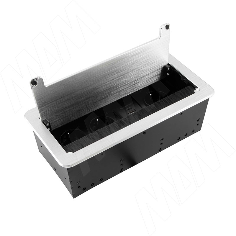 FLIP S блок розеток с откидной крышкой, 265*129 мм, 3 розетки, 1 USB, 1 USB Type-C, быстрая зарядка, серебро