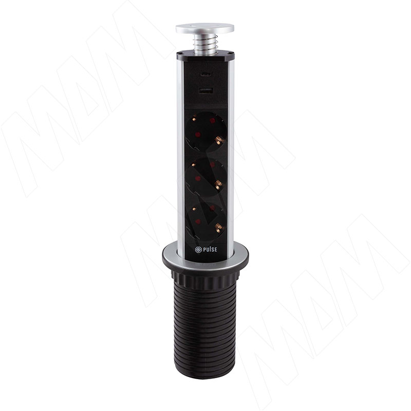 POST выдвижной блок розеток, d=60 мм, 3 розетки, 1 USB, 1 USB Type-C, быстрая зарядка, серебро