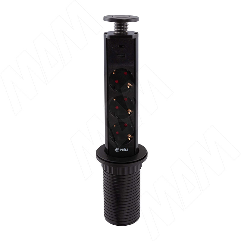 POST выдвижной блок розеток, d=60 мм, 3 розетки, 1 USB, 1 USB Type-C, быстрая зарядка, черный