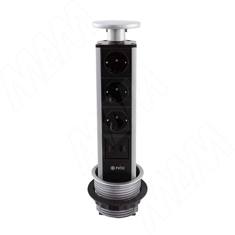 POST выдвижной блок розеток, d=90 мм, 3 розетки, 1 USB, 1 USB Type-C, быстрая зарядка, серебро