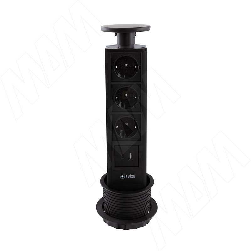 POST выдвижной блок розеток, d=90 мм, 3 розетки, 1 USB, 1 USB Type-C, черный