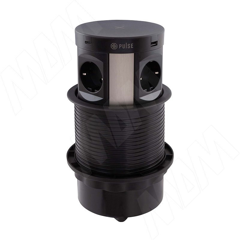 PUFF выдвижной блок розеток, d=122 мм, 4 розетки, 2 USB, 2 USB Type-C, быстрая зарядка, беспроводная зарядка, черный