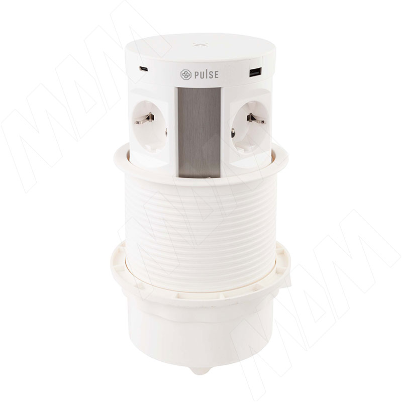 PUFF выдвижной блок розеток, d=122 мм, 4 розетки, 2 USB, 2 USB Type-C, быстрая зарядка, беспроводная зарядка, белый