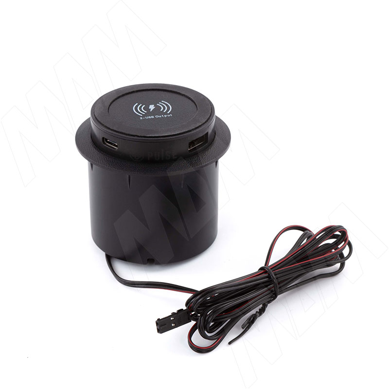 PUFF mini выдвижной блок розеток, d=60 мм, 1 USB, 1 USB Type-C, 12V беспроводная зарядка, 15W, черный