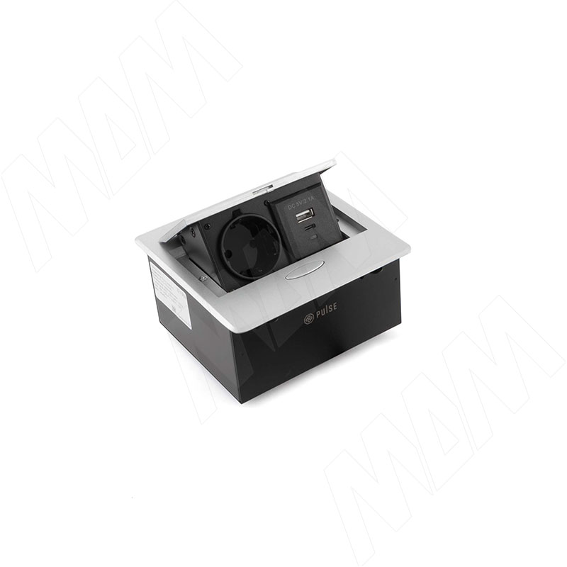POP-UP выдвижной блок розеток, 137*134 мм, 1 розетка, 1 USB, 1 USB Type-C, серебро
