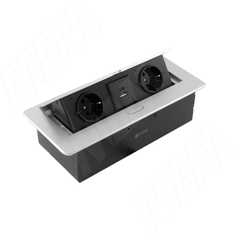 POP-UP выдвижной блок розеток, 265*118 мм, 2 розетки, 1 USB, 1 USB Type-C, быстрая зарядка, серебро