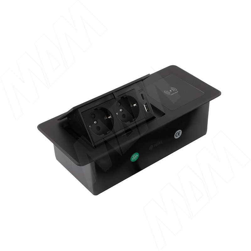 POP-UP выдвижной блок розеток, 265*118 мм, 2 розетки, 1 USB, 1 USB Type-C, быстрая зарядка, беспроводная зарядка, черный