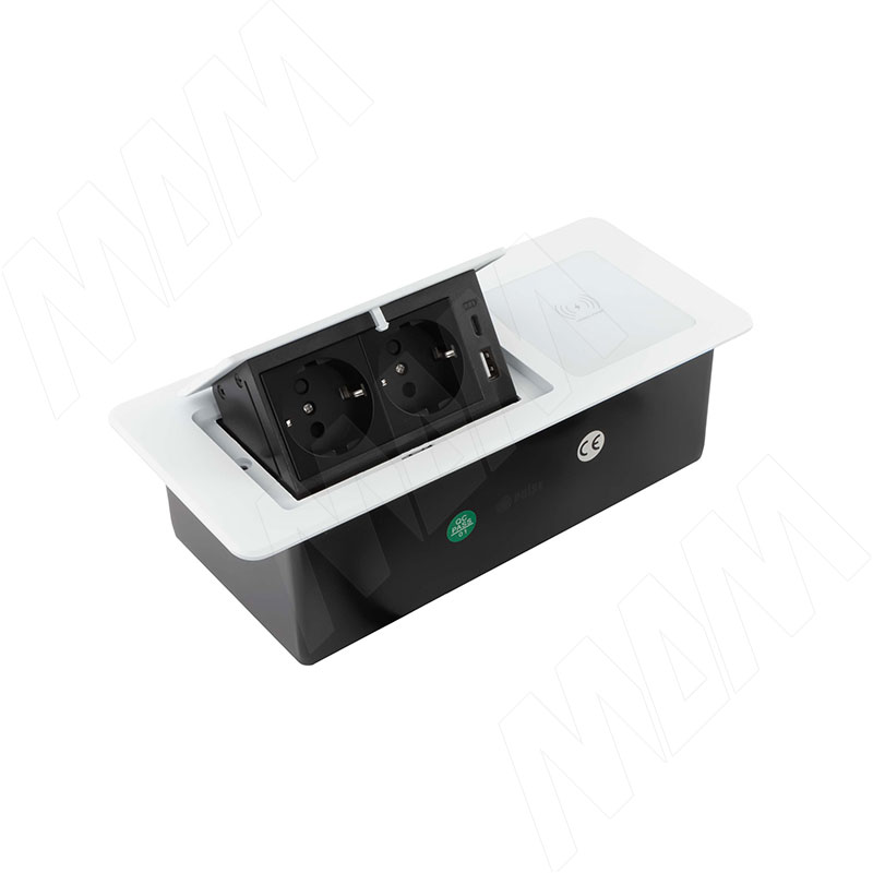 POP-UP выдвижной блок розеток, 265*118 мм, 2 розетки, 1 USB, 1 USB Type-C, быстрая зарядка, беспроводная зарядка, белый