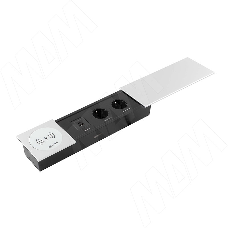 SLIDE блок розеток со сдвижной крышкой, 350*100 мм, 2 розетки, 1 USB, 1 USB Type-C, быстрая зарядка, беспроводная зарядка, серебро