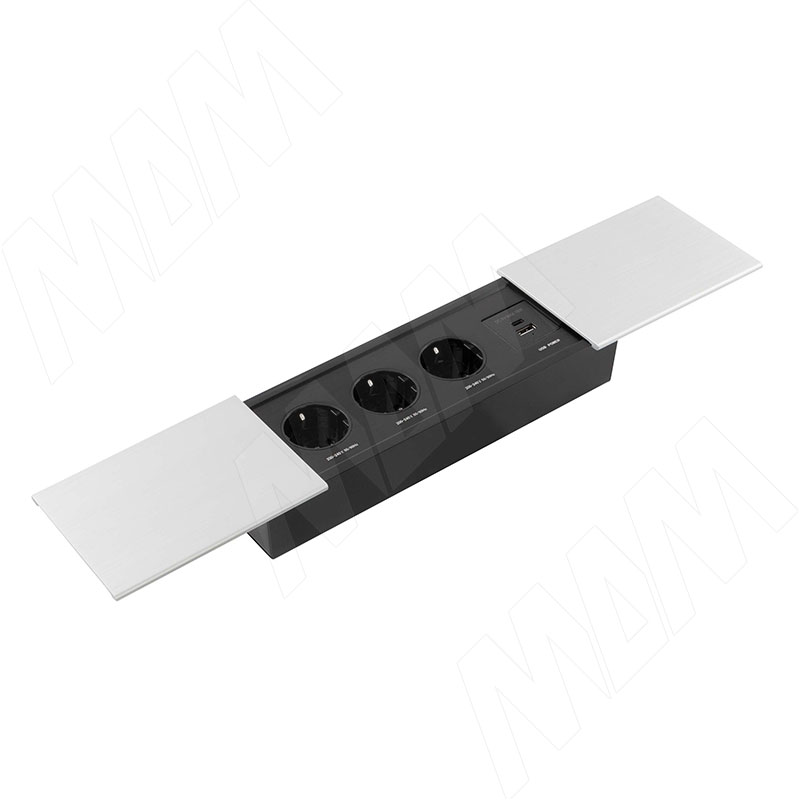 SLIDE блок розеток с раздвижными крышками, 280х72 мм, 3 розетки, 1 USB, 1 USB Type-C, быстрая зарядка, серебро