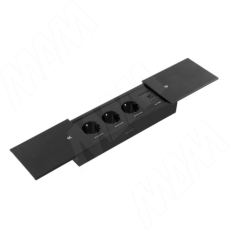 SLIDE блок розеток с раздвижными крышками, 280х72 мм, 3 розетки, 1 USB, 1 USB Type-C, быстрая зарядка, черный
